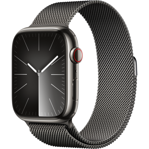 Apple_Watch_Series_9_Cellular_45mm_Graphite_Stainless_Steel_Graphite_Milanese_Loop_34FR_Screen__USEN