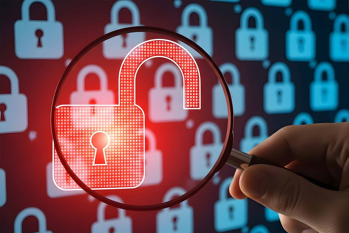 Hand som håller förstoringsglas över ett hänglås