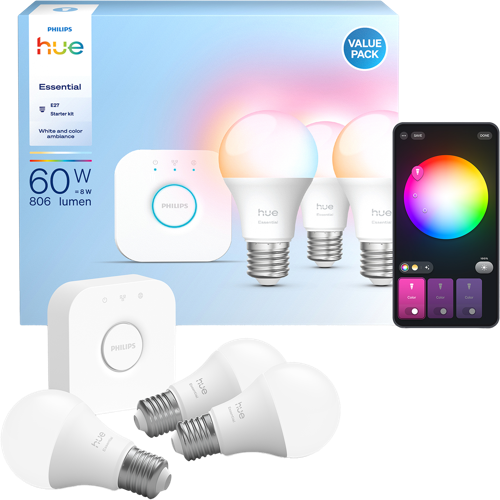 Philips Hue Essential White and Color Ambiance E27 3 kpl Bridge 1