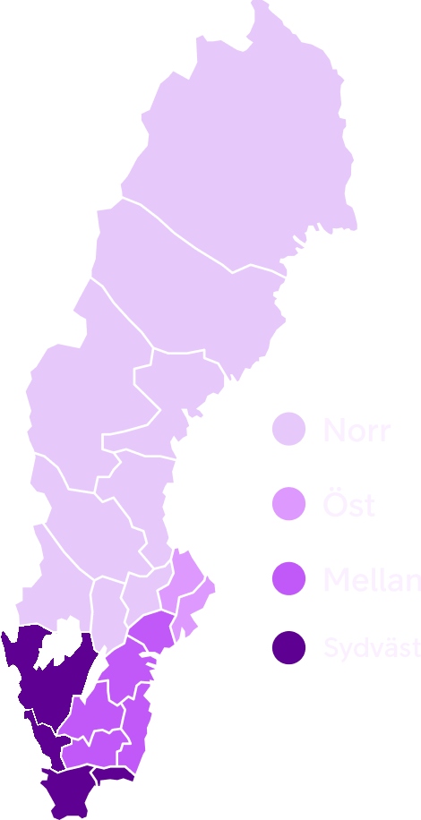 Sverigekarta som visar Telia Cygates regioner