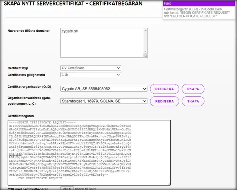 Certifikatbegäran SSL Telia Cygate