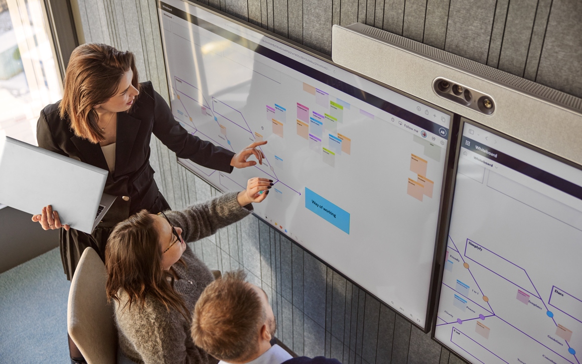 Tre personer framför en whiteboardtavla