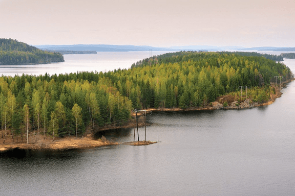 Bild på el-ledningar som går längs kust.